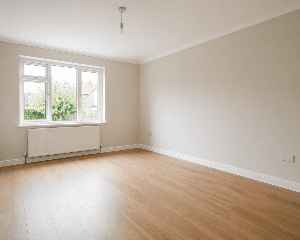 Empty room after house clearance with clean walls and wooden flooring in Birmingham